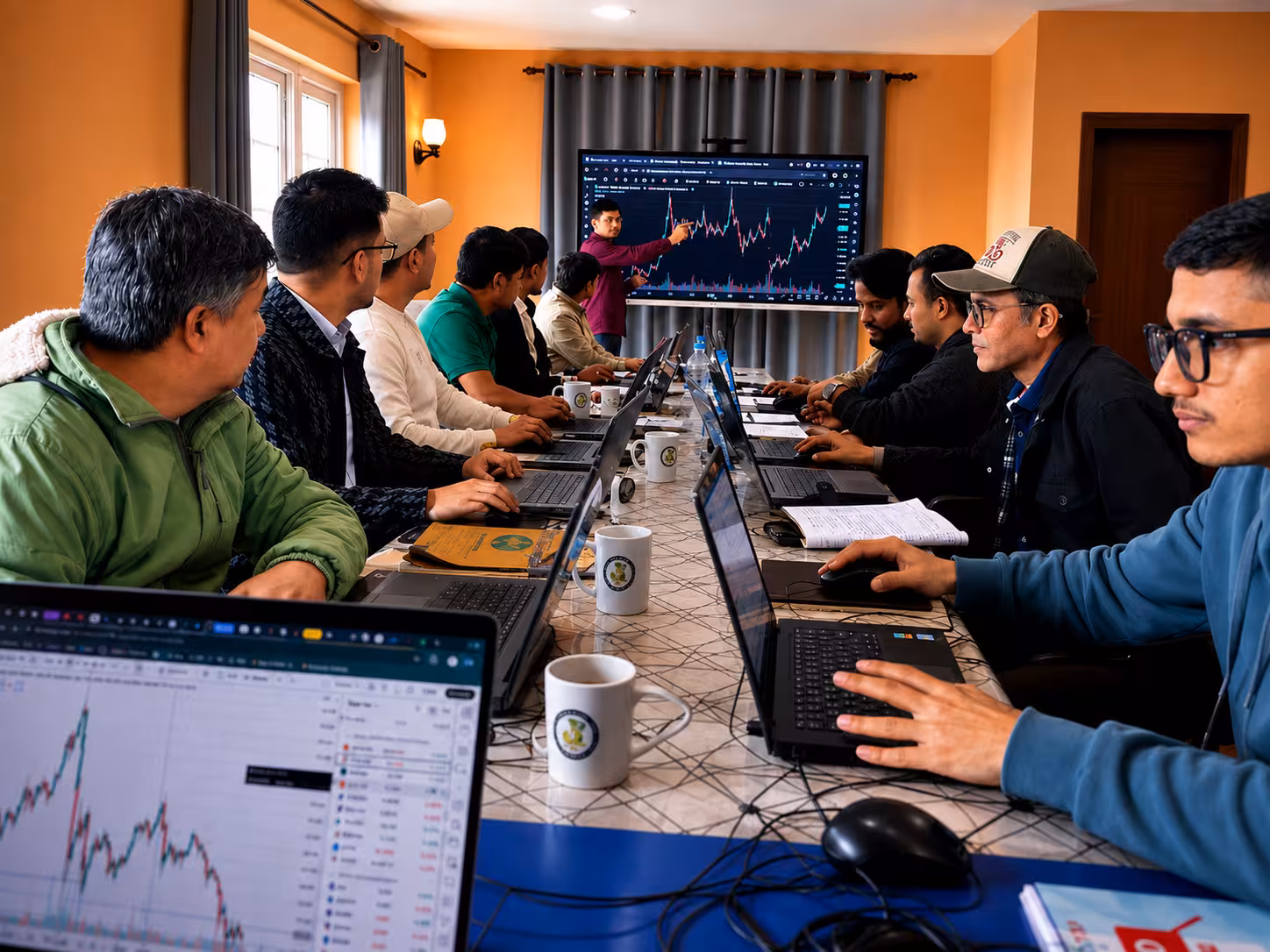 Financial market learning session with trading charts